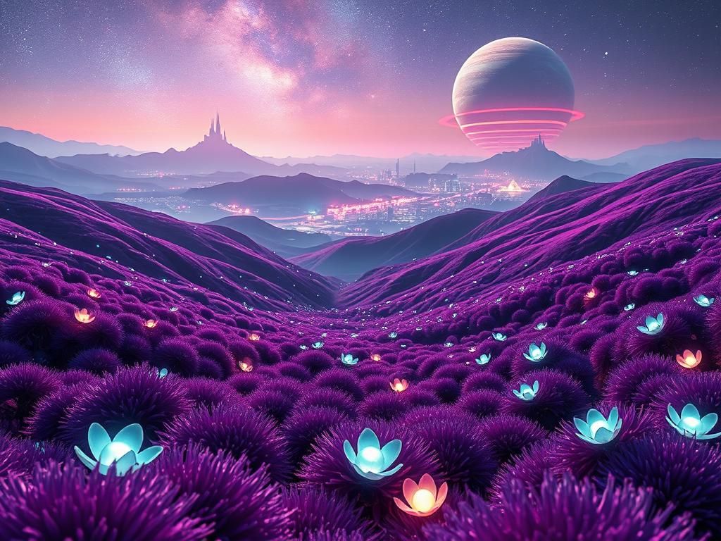 Dreamlike Alien Landscape with Neon City and Ringed Planet
