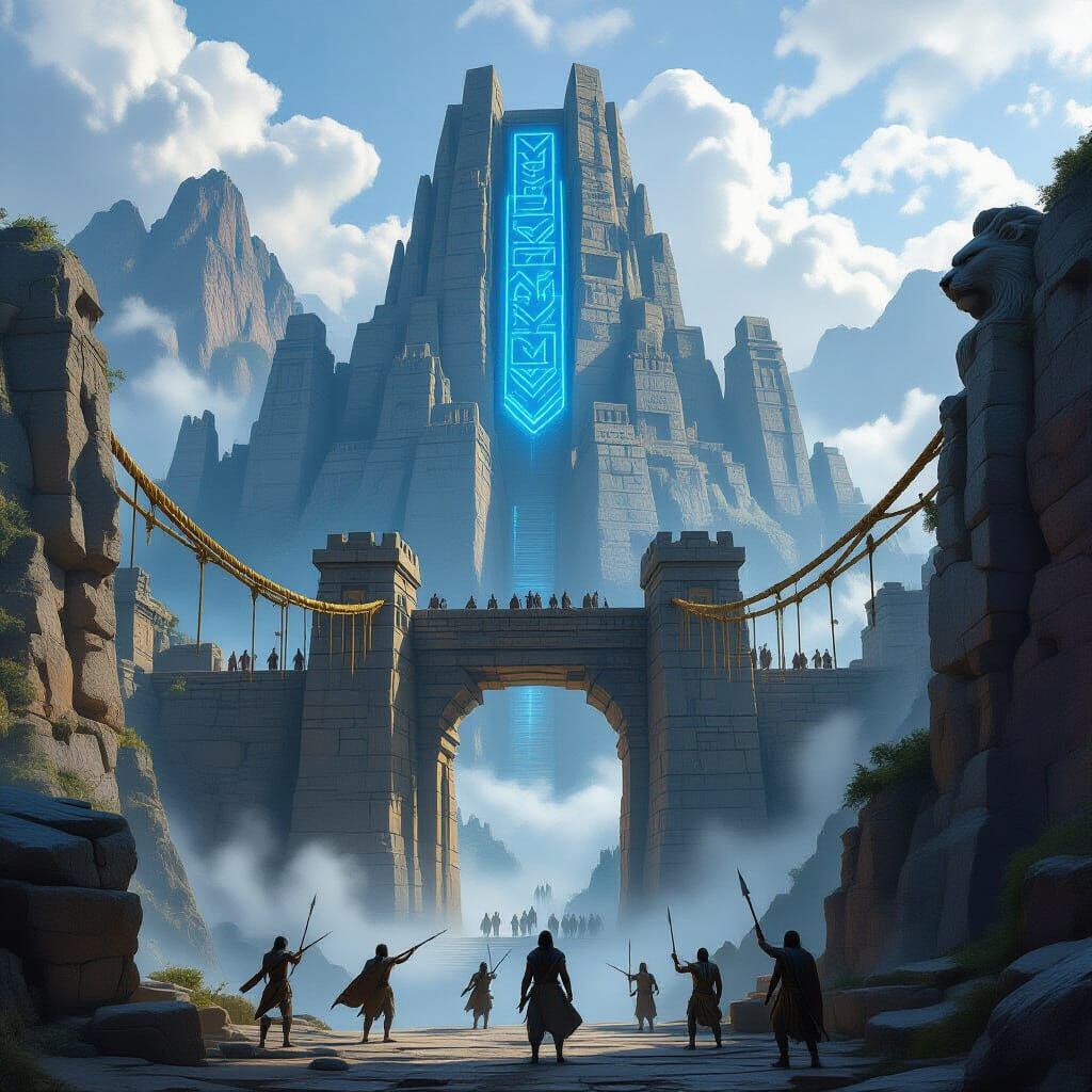 Zulu-Inspired Mountain Fortress with Blue Runes and Warriors