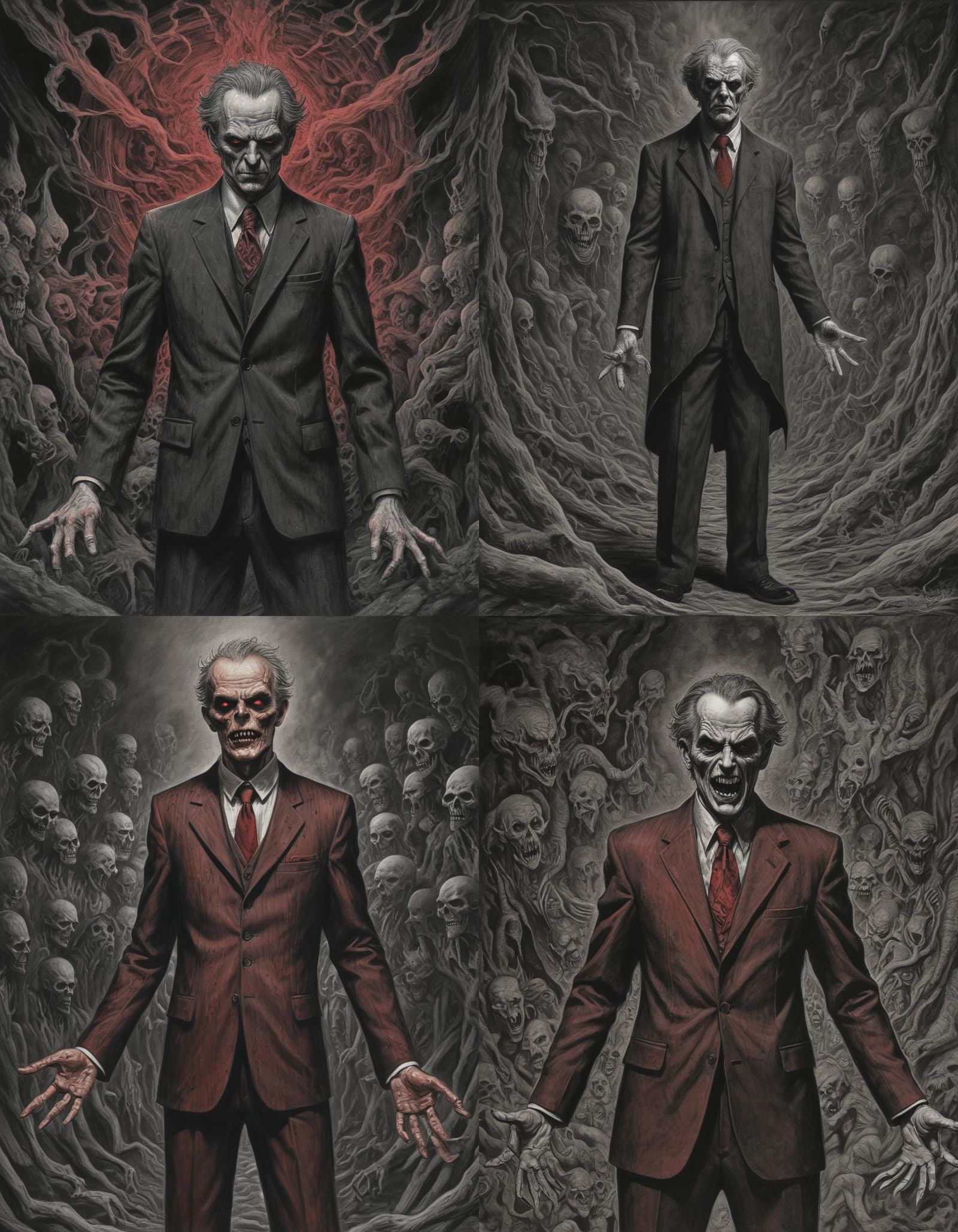 Diabolical cult leader, wearing a crimson frosted black toned suit.