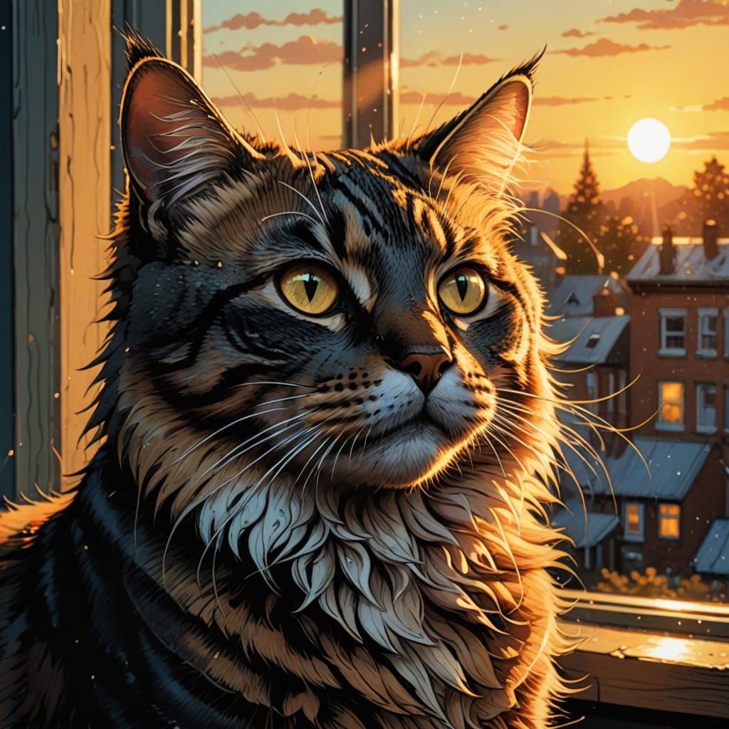 Feline Sunrise in Dynamic Comic Book Style
