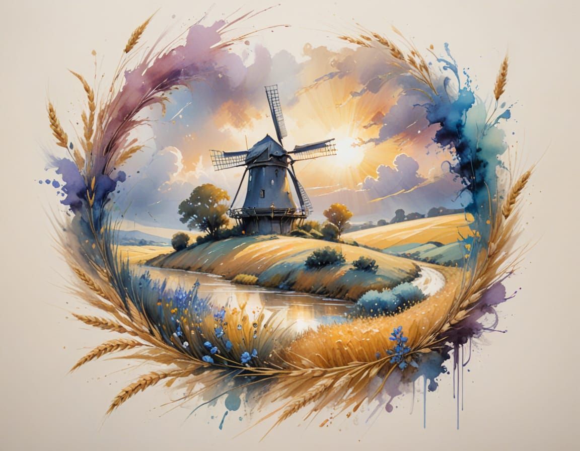 Windmill Among Wheat Fields in Alcohol Ink Style
