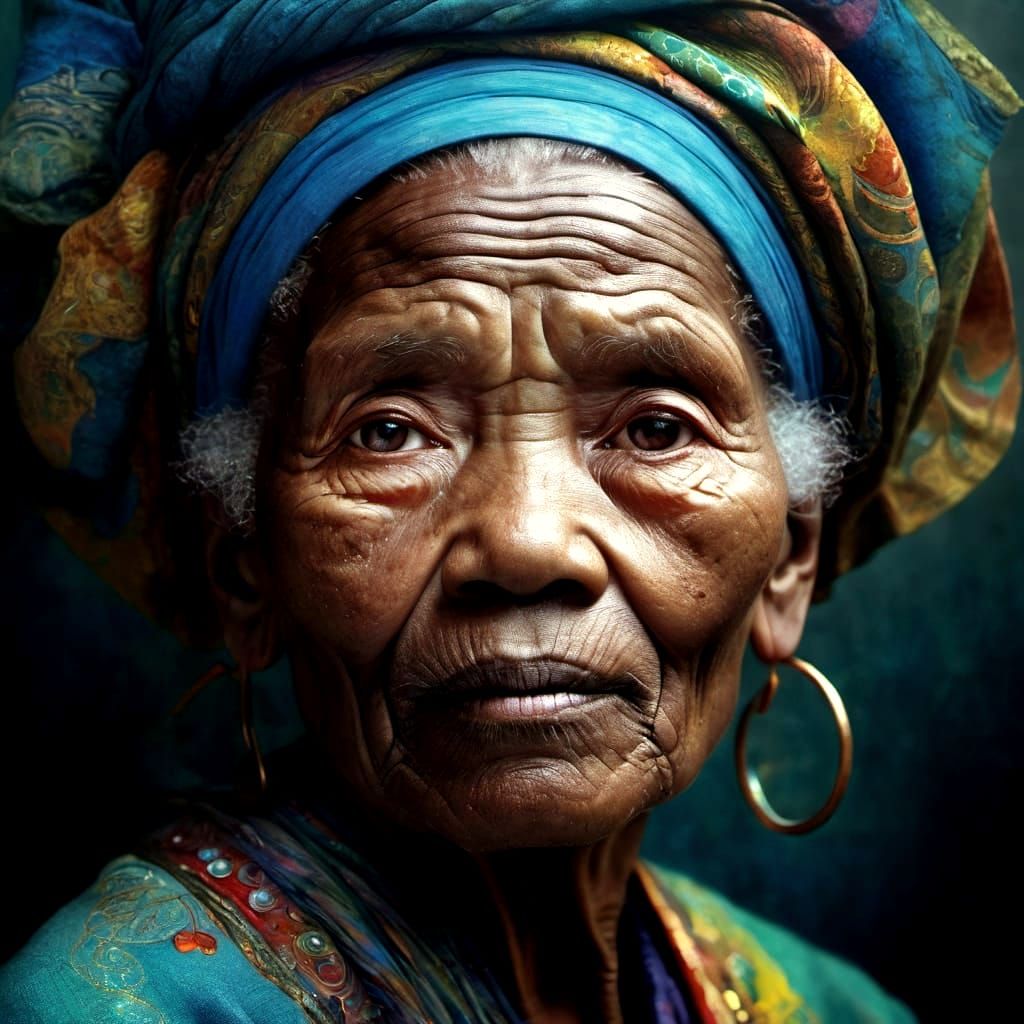 Vibrant Portrait of Elderly Woman in Art Nouveau Style