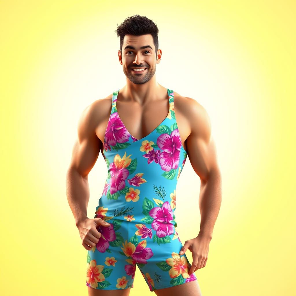 Confident Gentleman in Vibrant Floral Bathing Suit