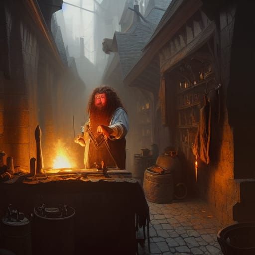 Hagrid Blacksmithing Dark Fantasy Concept Art