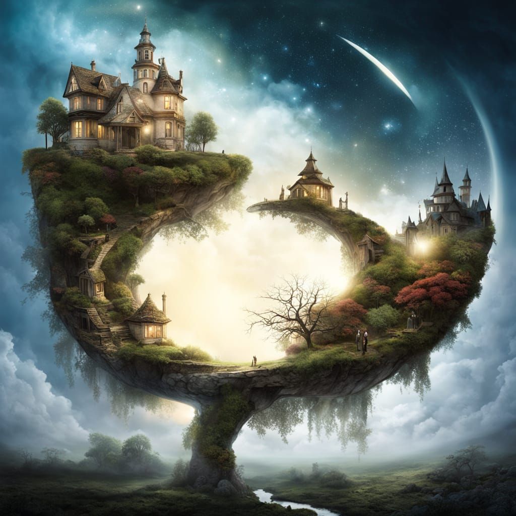 Ethereal Utopian Cityscape Under Starry Celestial Skies