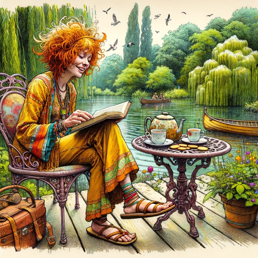 Vibrant Hippie Woman Sips Tea on Lakefront Jetty