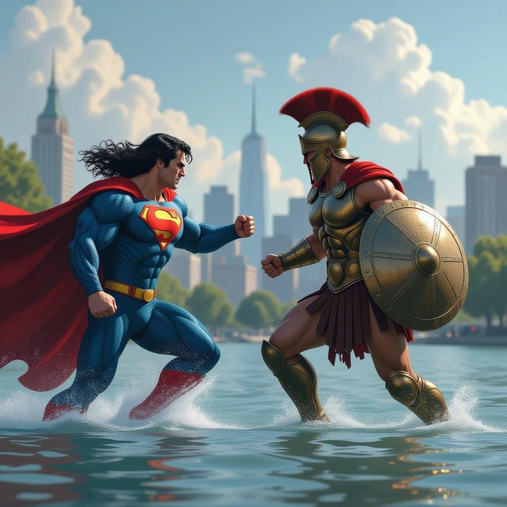 Superman vs Greek Warrior in Flooded City, Retro Sci-Fi Art