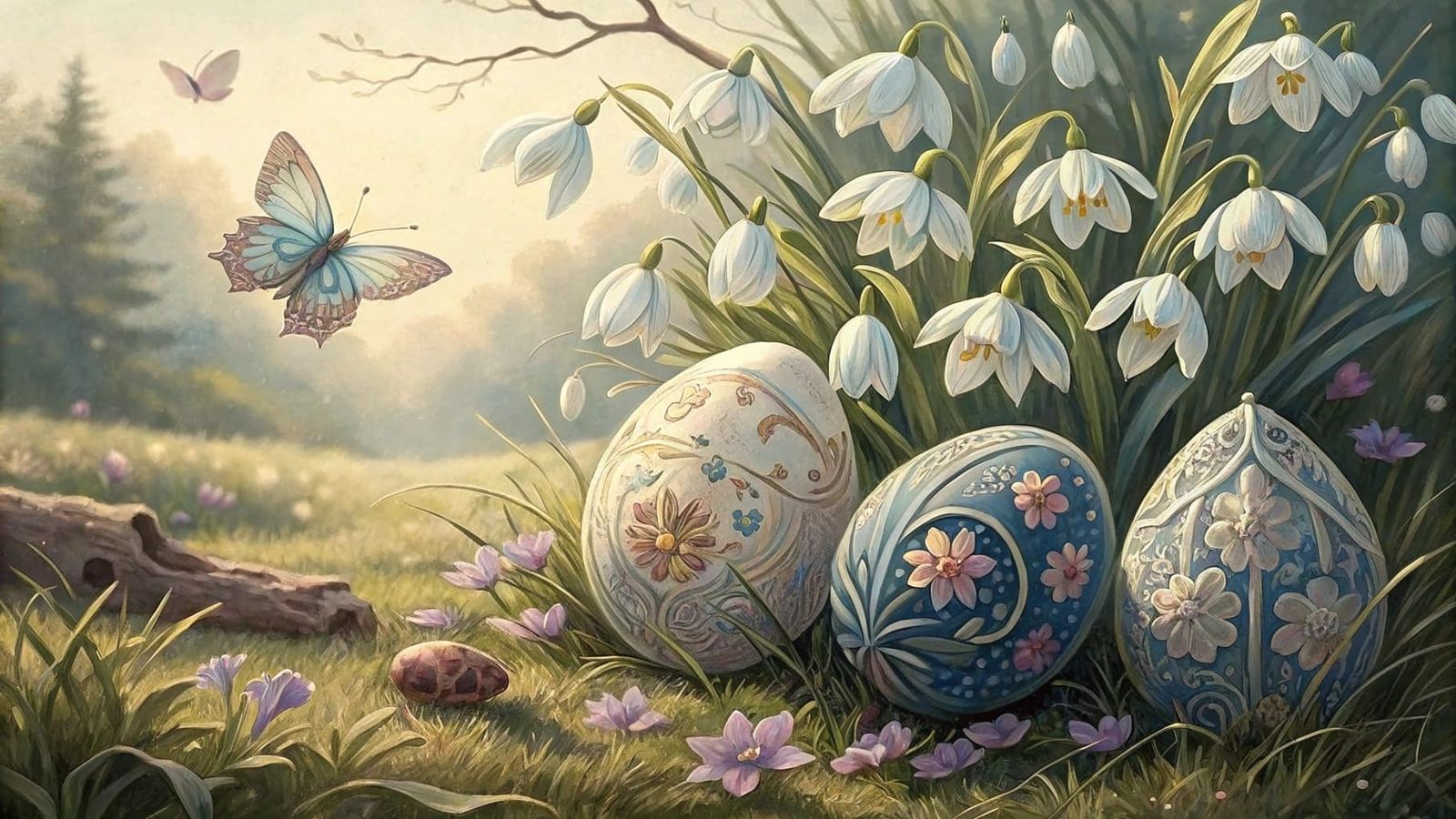 Vintage-Inspired Garden Scene with Snowdrops and Butterflies