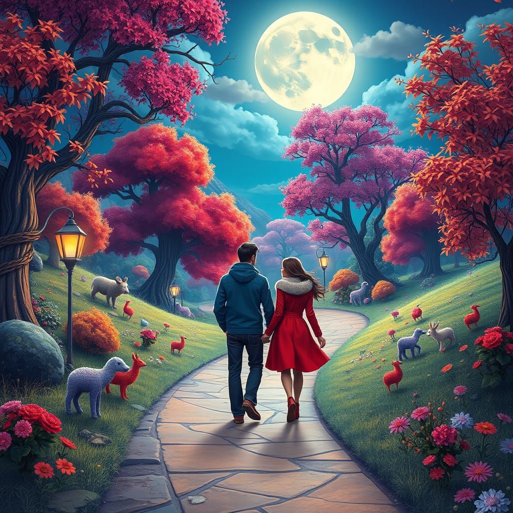 A vibrant, whimsical landscape unfolds, featuring colorful trees, playful animals, and flowers. A couple in a red coat a...