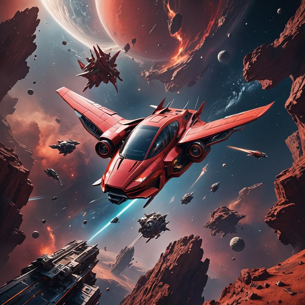 Red Flying Car in Space: Detailed Matte Painting