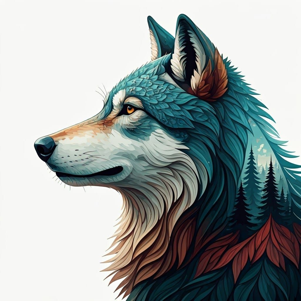 Colorful Wolf Portrait with Landscape Fur