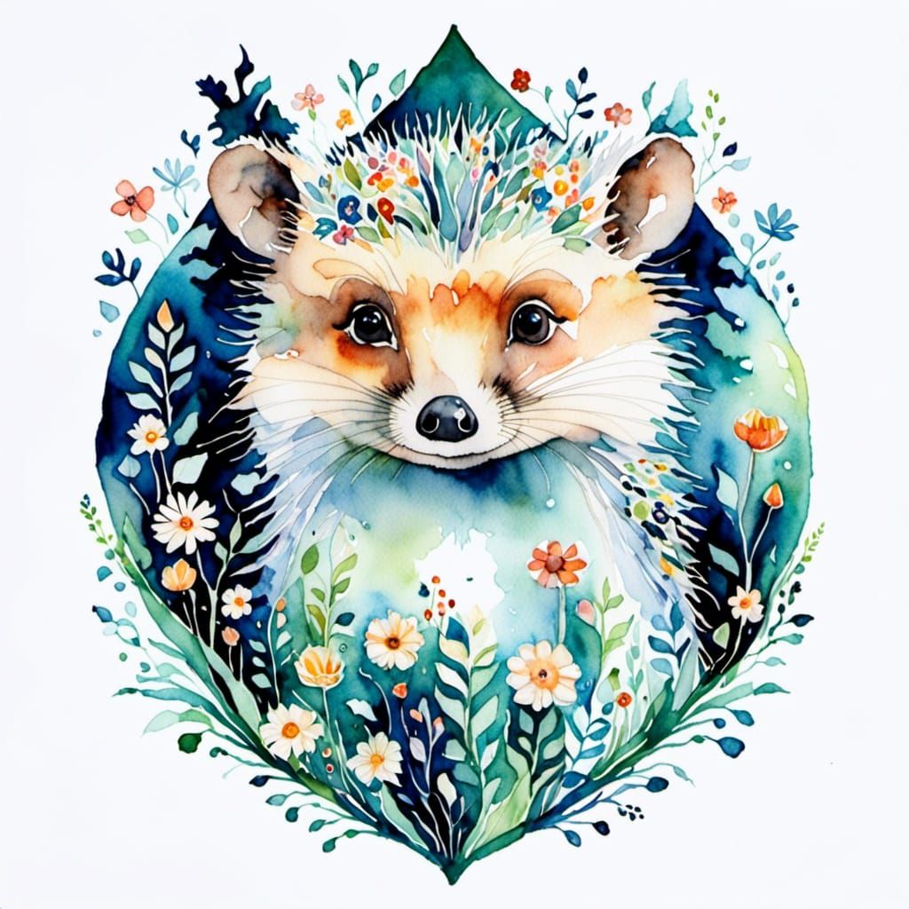 Whimsical Hedgehog Portrait in Watercolor Meadow