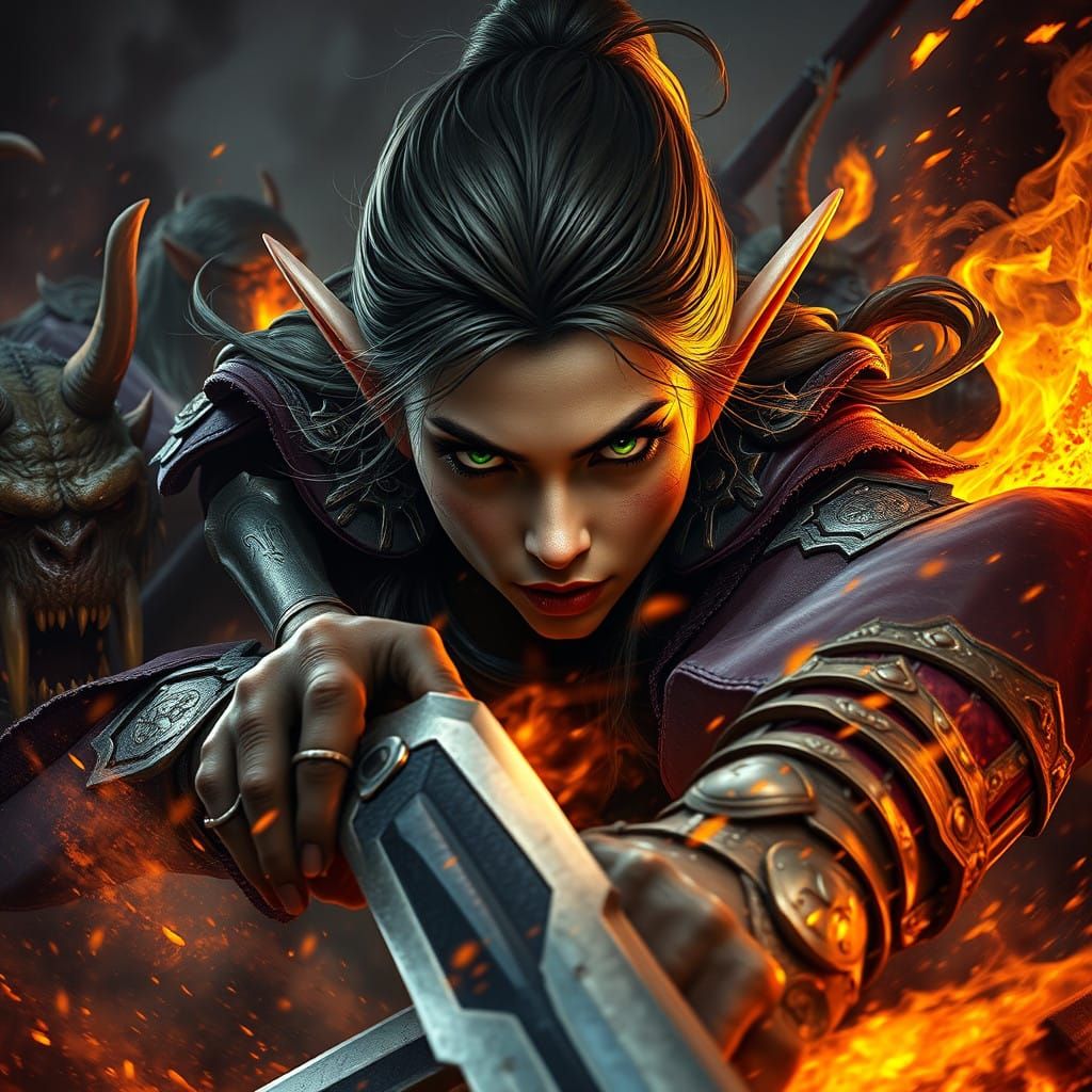 Elegant Elven Ranger Fends Off Brutal Orc Hordes in Dark Fan...