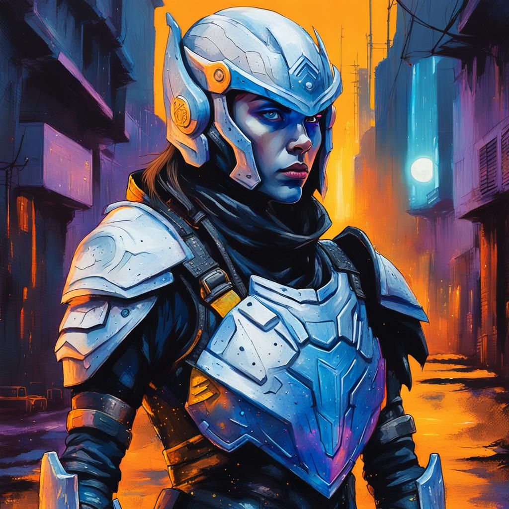 Cyberpunk Female Warrior in Neon Alleyway