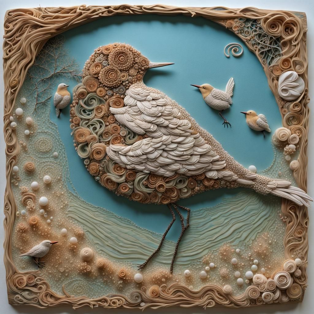 Intricate Mixed Media Birds in Lake Artwork
