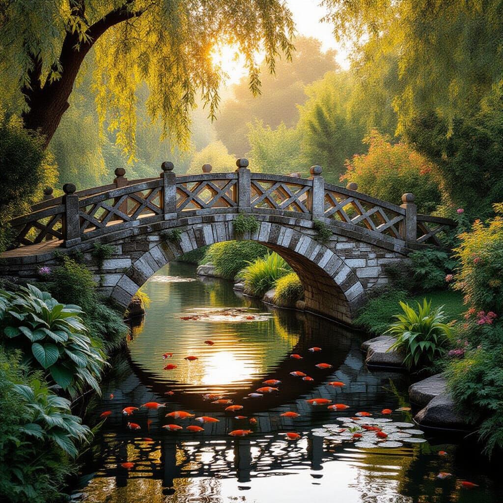 Idyllic Stone Bridge in Maximalist Garden at Sunset