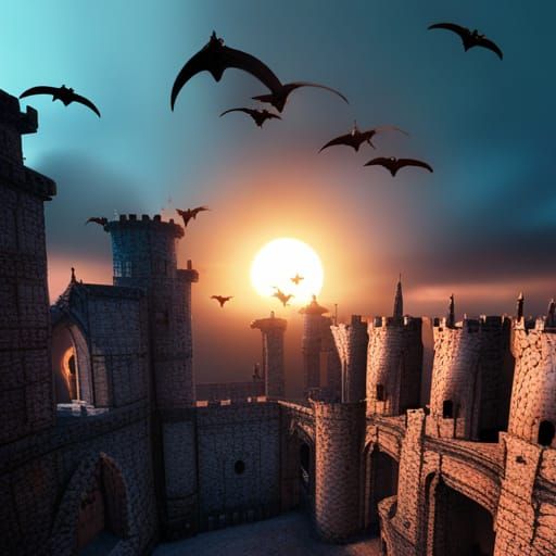 Gothic Castle Sunset with Bats: Detailed Matte Painting