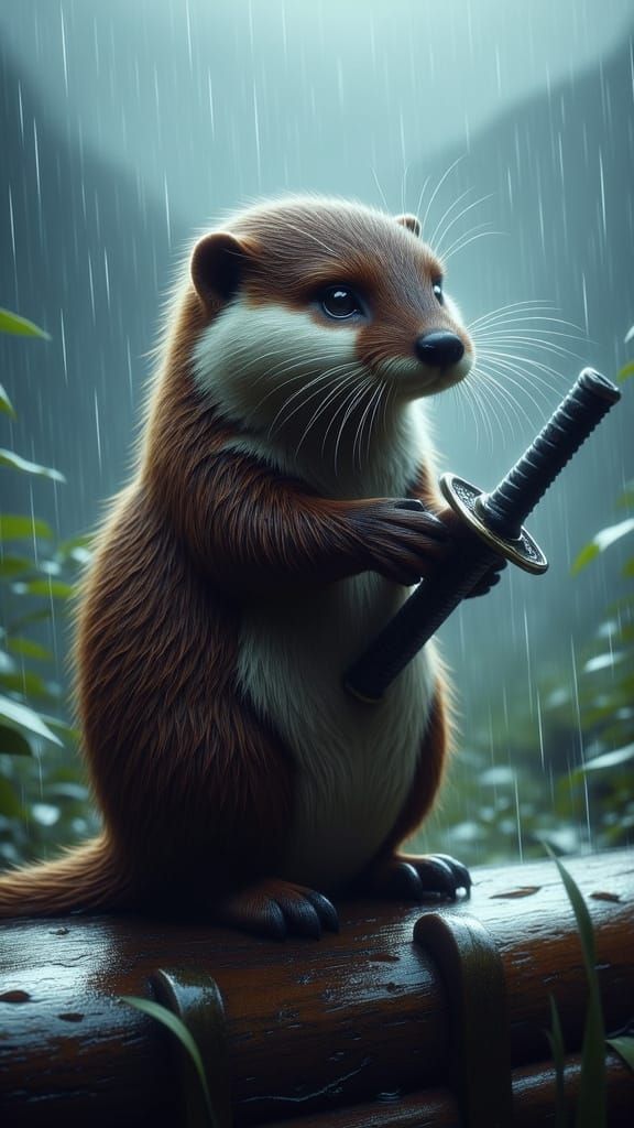 Samurai Otter Ready for Battle in Dramatic Mountain Rain