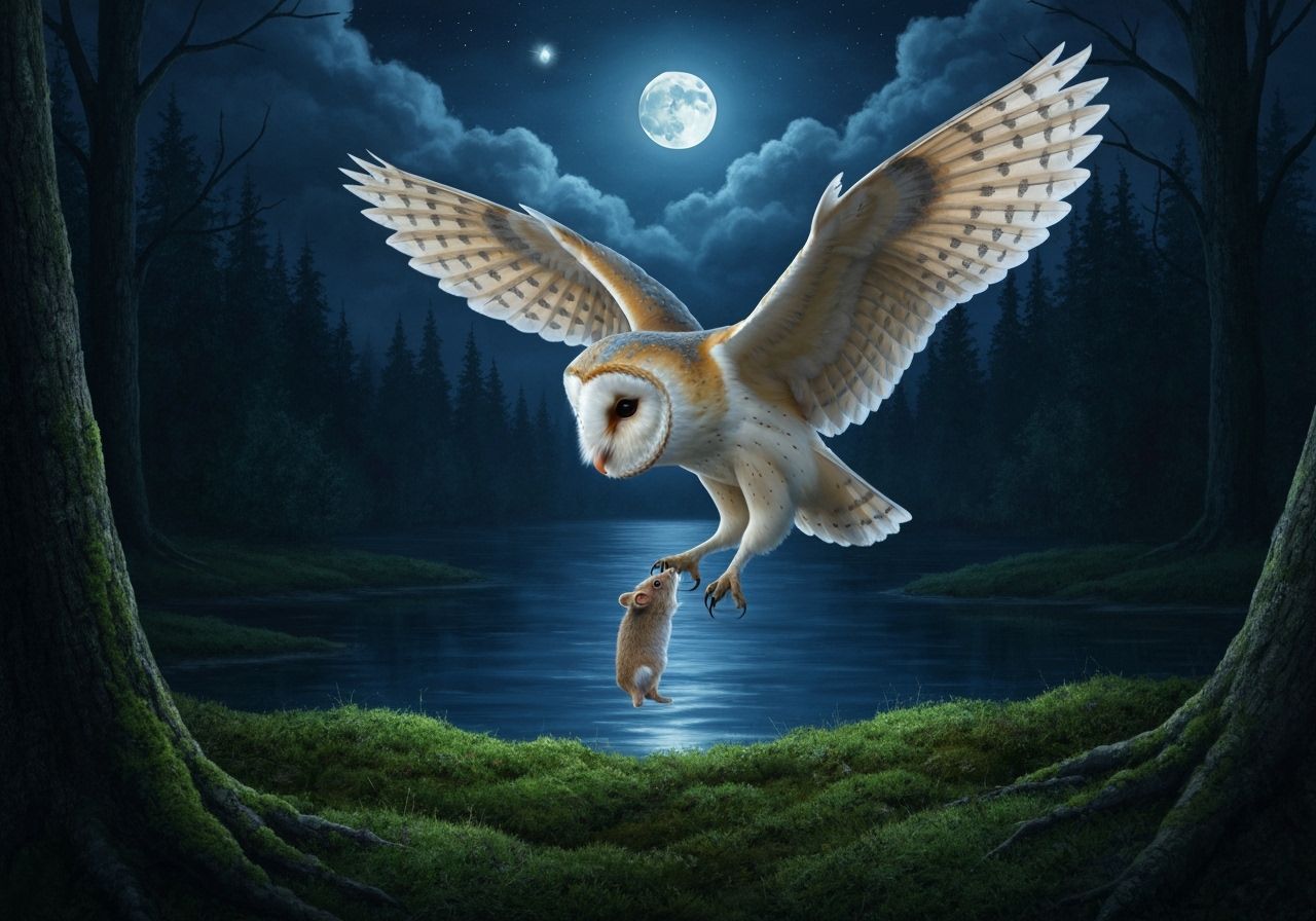 Barn Owl Hunting Mouse at Night in Fantasy Art