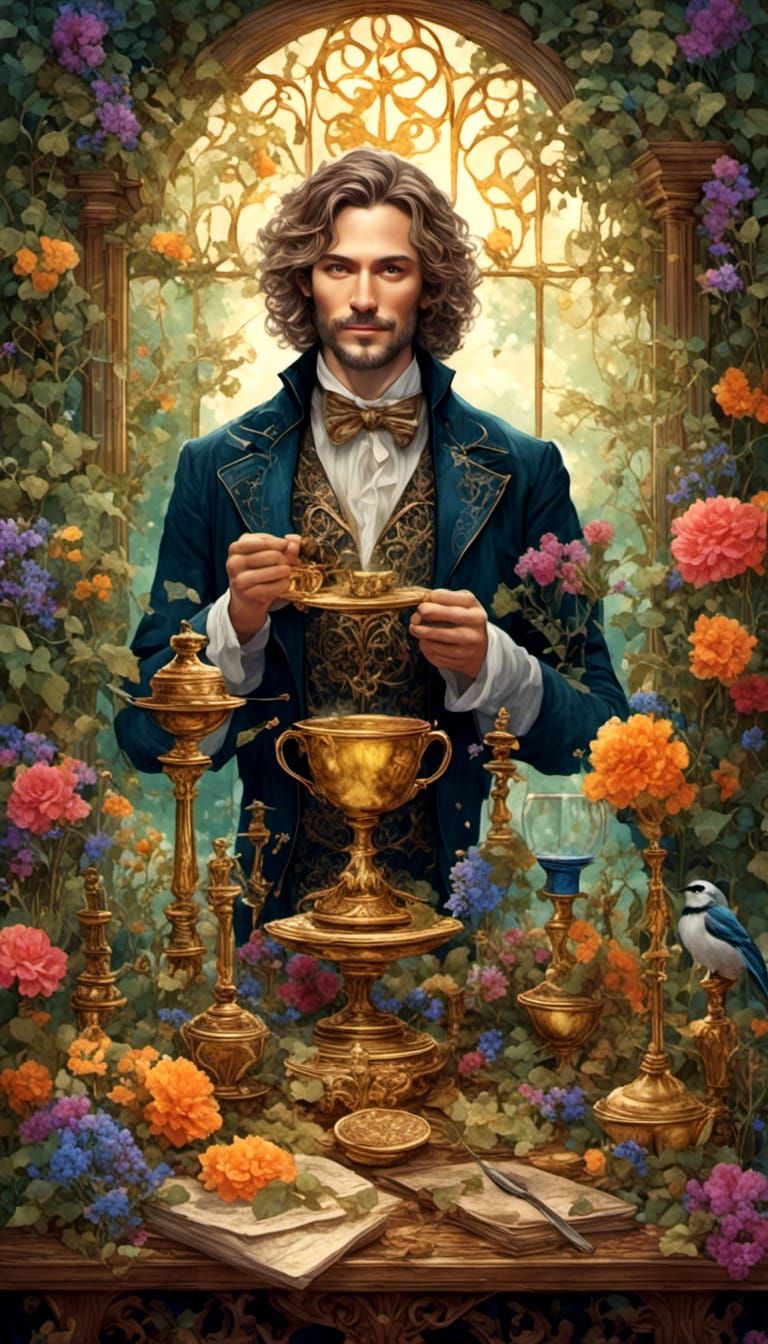 The Magician stands confidently at an ornate wooden table ad...