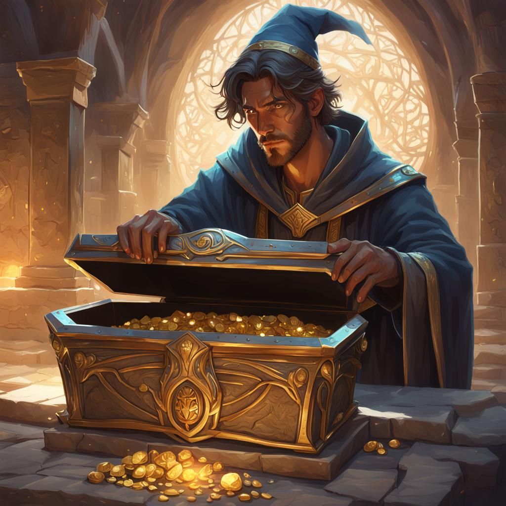Wizard Finds Gold in Stone Coffin, Hyperdetailed Digital Art