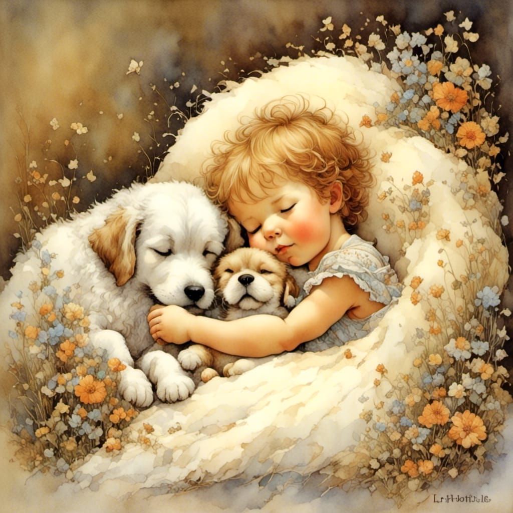 Sleeping Baby and Dog in Vintage Illustration Style