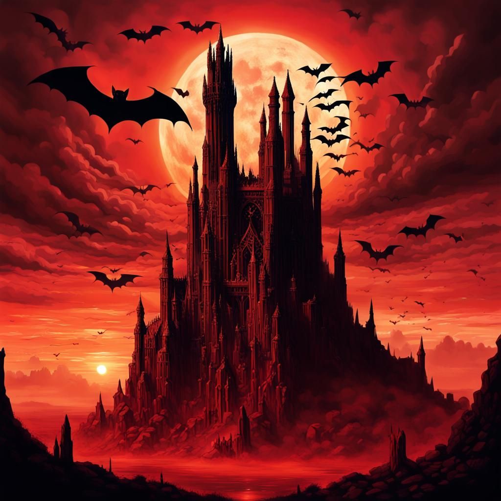 Dark Tower at Sunset with Giant Bats
