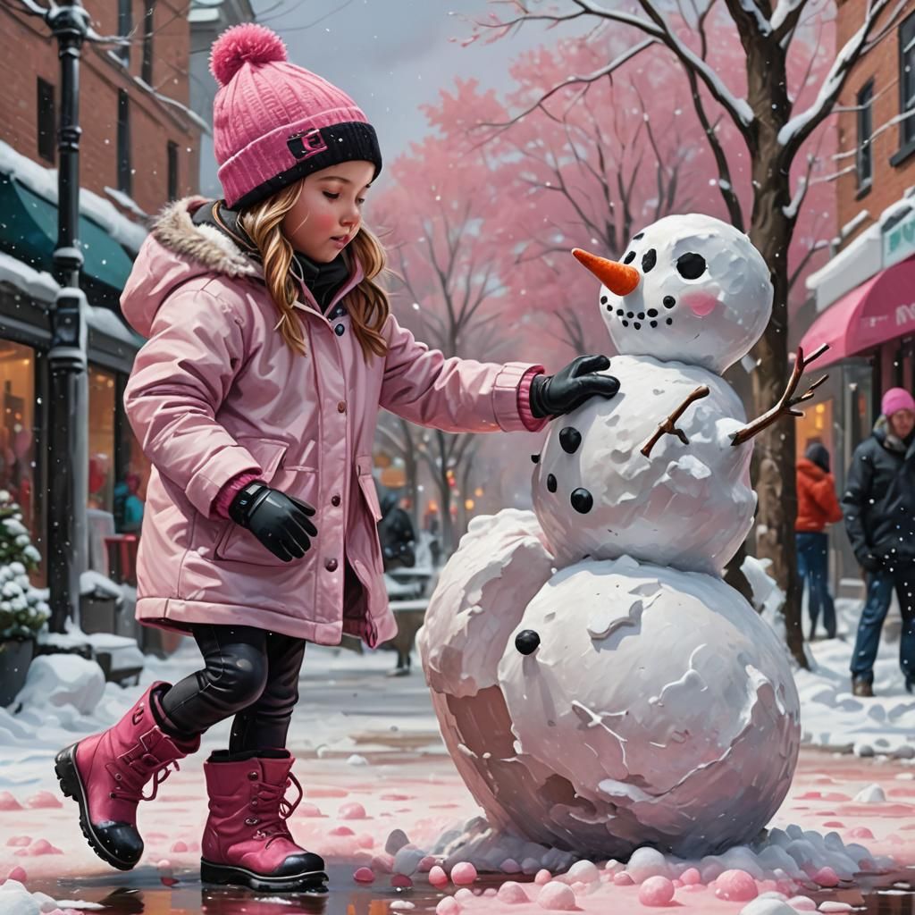 Girl Making a Snowman in Splash Art Style