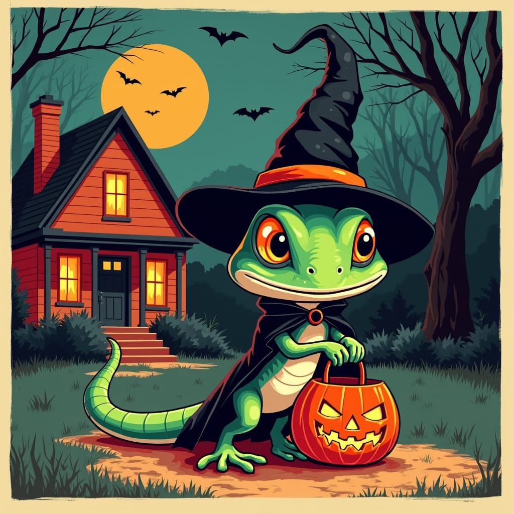 Lizard Witch Ready for Halloween, Screen Print Art
