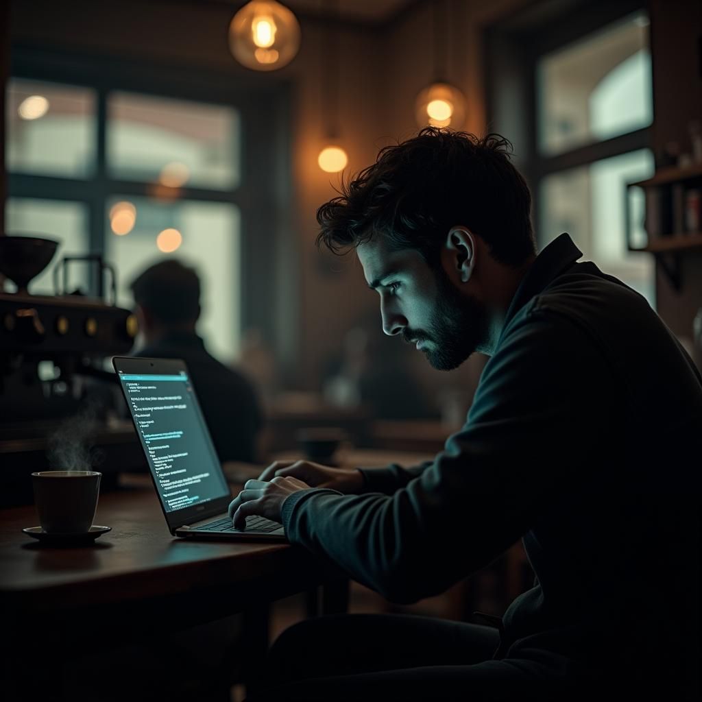 Hacker in Coffee Shop: Cinematic 35mm Film Aesthetic