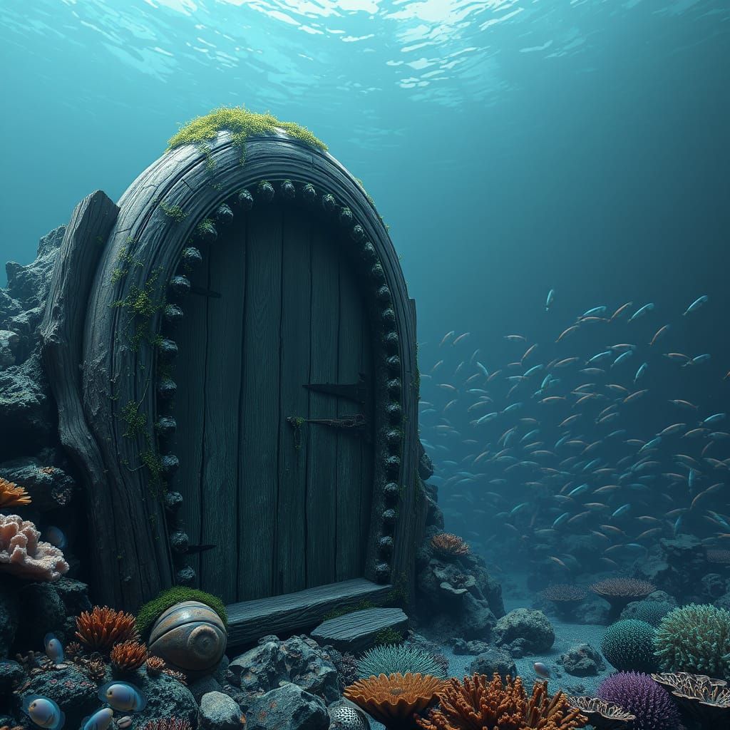Submerged Wooden Door on Seabed with Marine Life