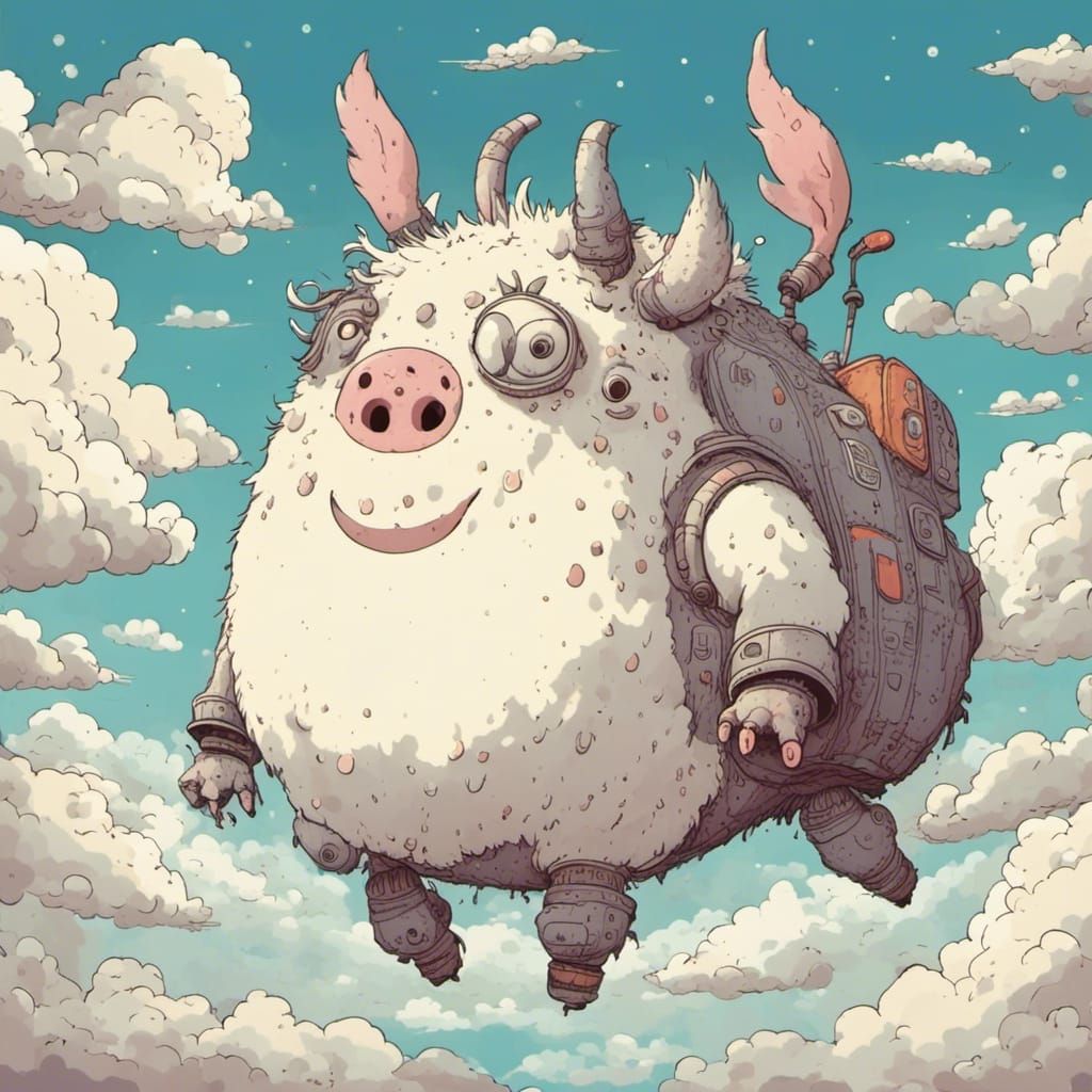 Adorable Flying Robot Pig in the Clouds