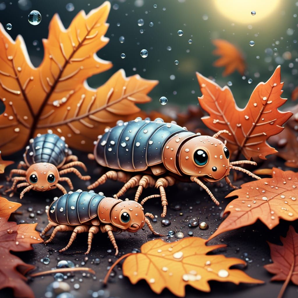 Comic style closeup of a family of exotic wood-louse playing...