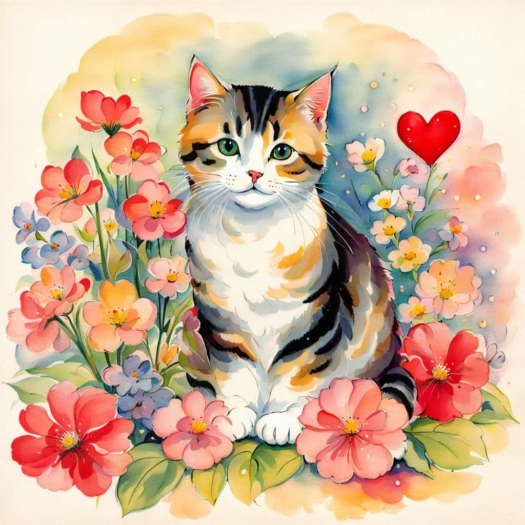Cute Cat Surrounded by Flowers, Vintage Illustration