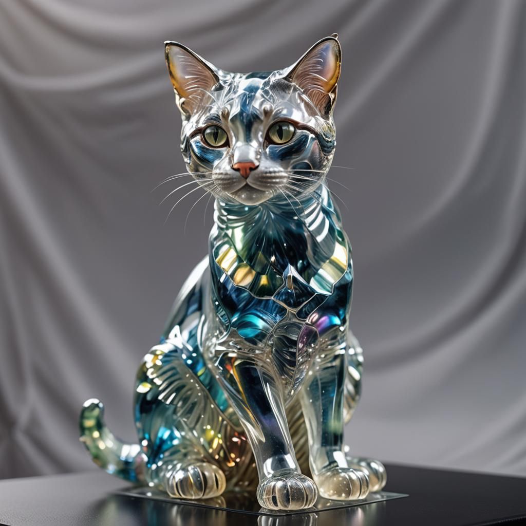 Translucent Glass Cat Sculpture: Hyperrealistic Close-Up