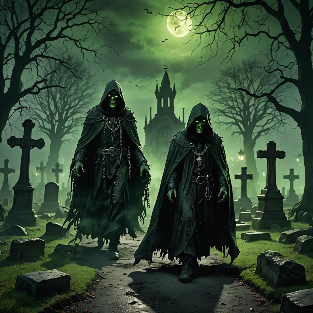 Ghoul in Haunted Graveyard with Green Mist: 3D Dark Fantasy