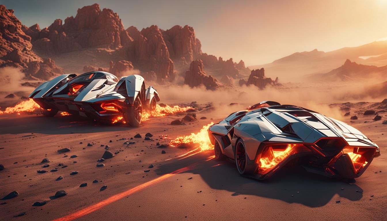 Futuristic Desert Race: Burning Supercars in Sci-Fi Landscap...