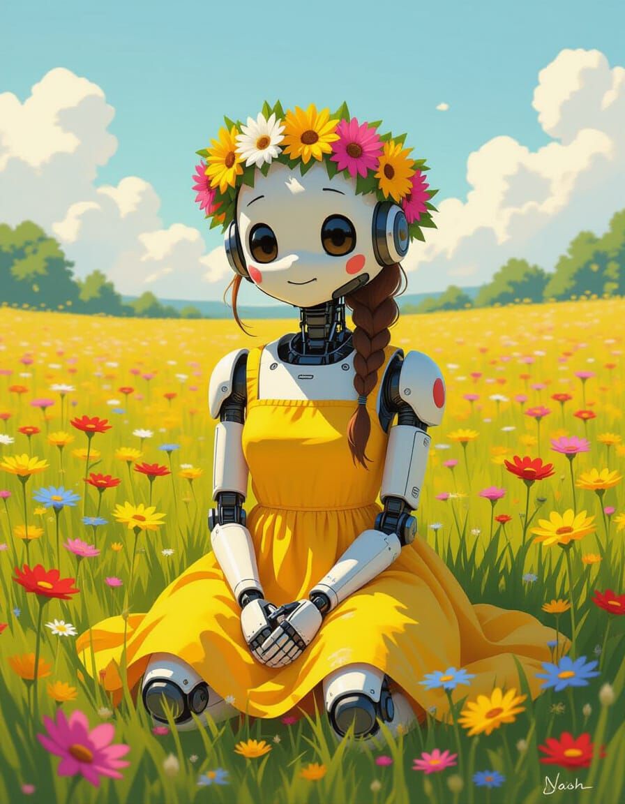 Android in Flower Crown Sits in Vibrant Meadow