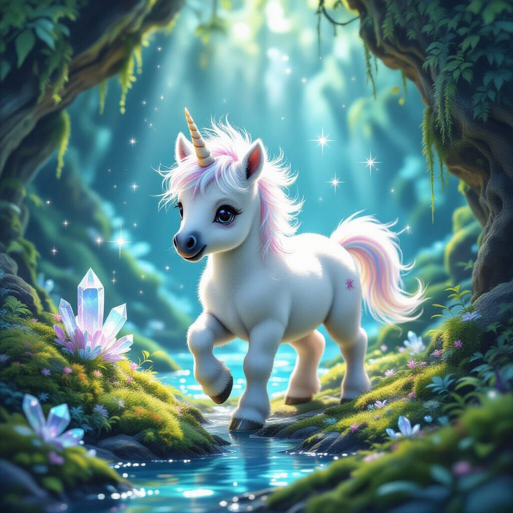 Unicorn Foal's Bioluminescent Grotto: an Astral Cosmic Illus...
