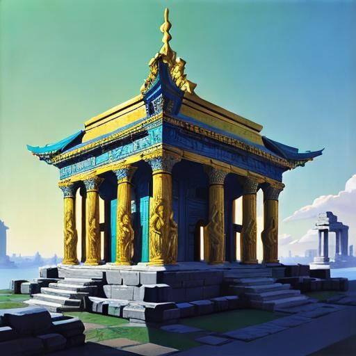 Ornate Hellenistic Temple with Gold and Silver Accents