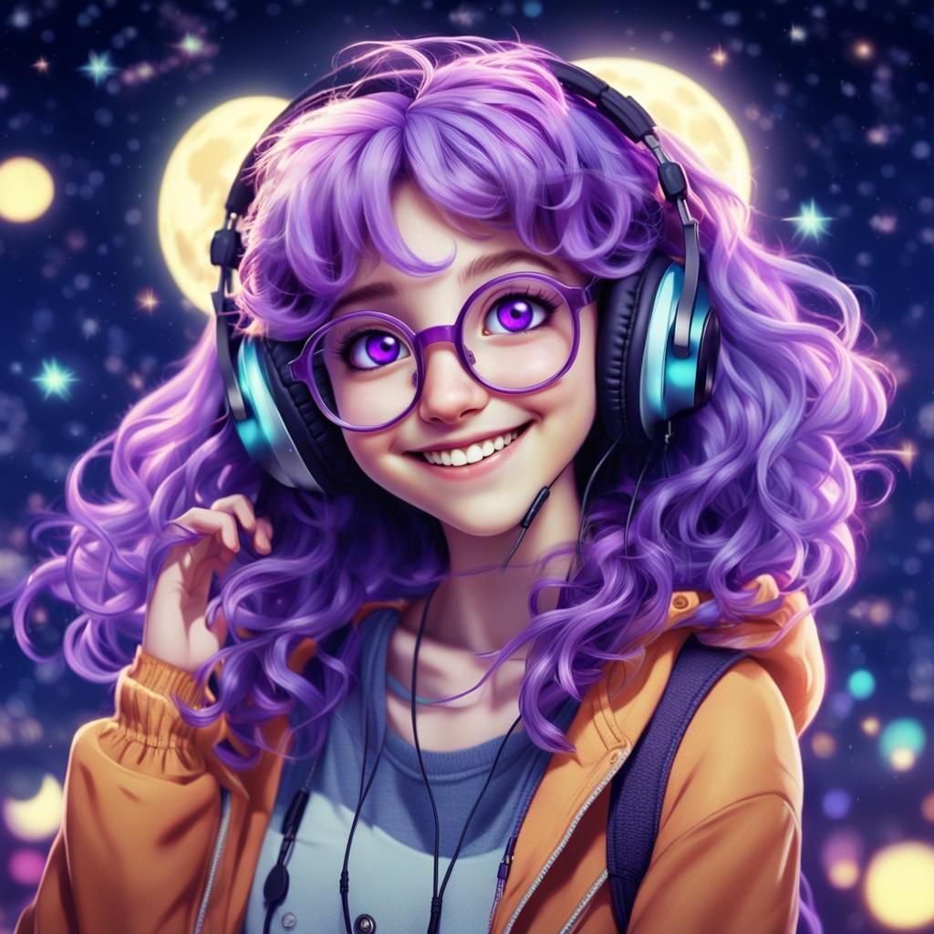 Purple-Haired Girl with Braces in Moonlit Scene