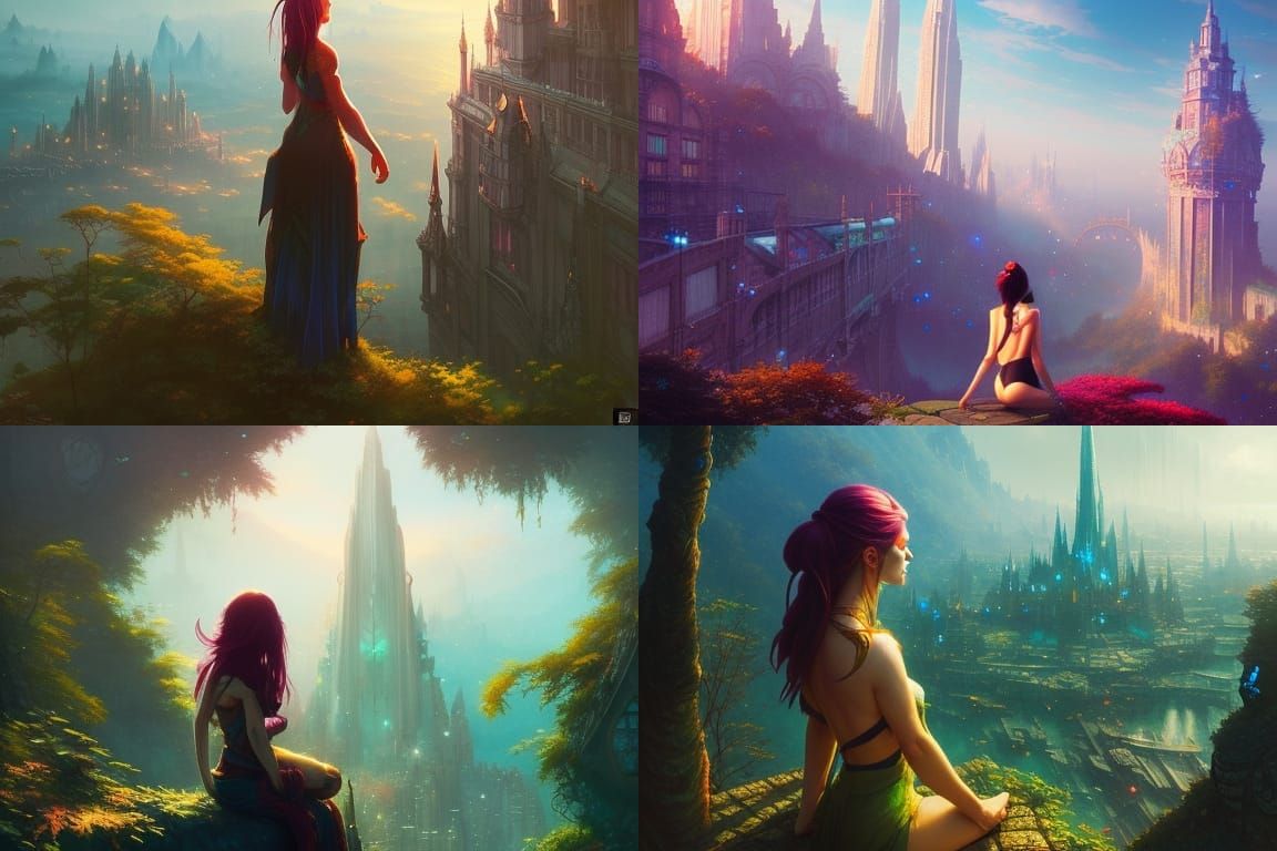 Woman Gazing Over Mystical City, Fantasycore Style