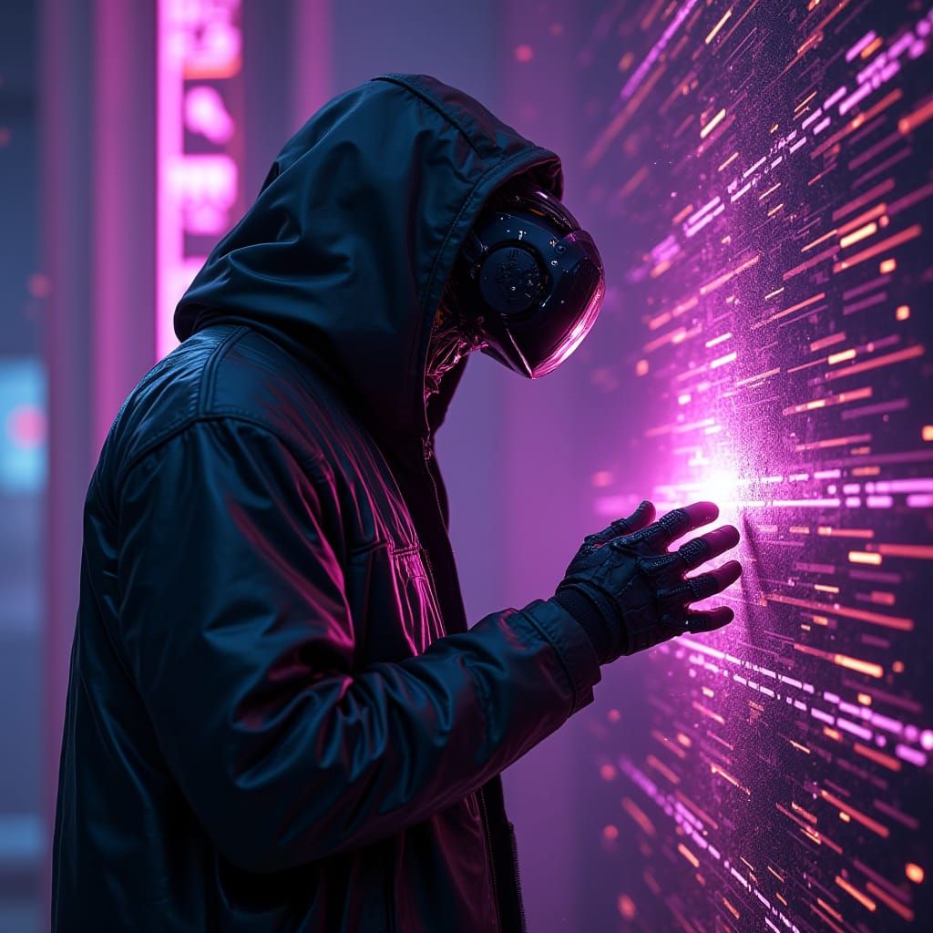Cyborg Shatters Code in Neon-Lit Virtual Reality