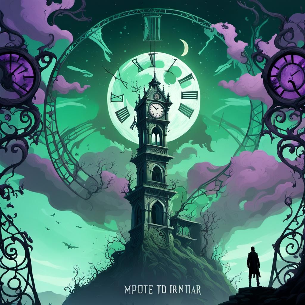 Gothic Clock Tower in Dark Fantasy Landscape