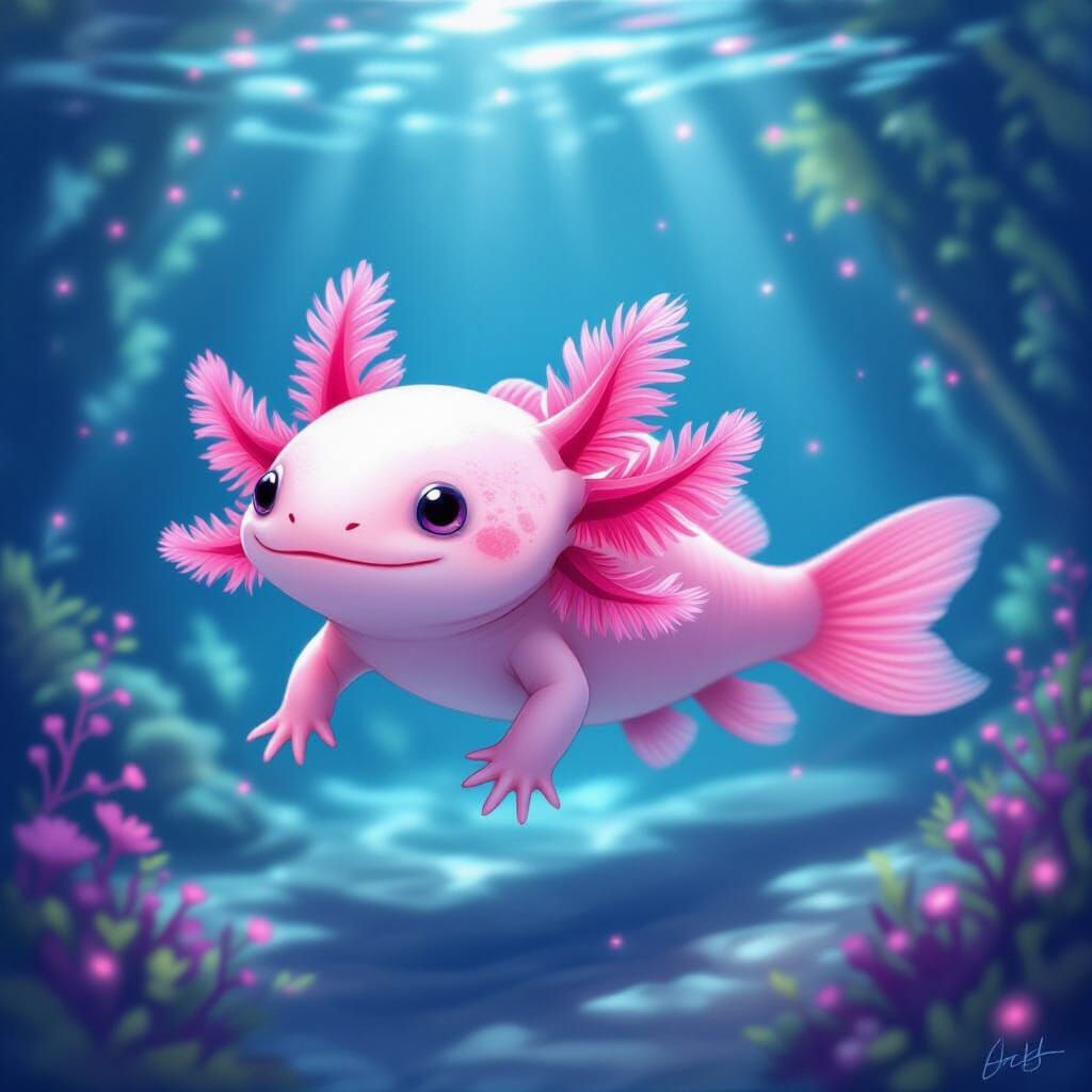 Adorable Axolotl Swimming in Bioluminescent Waters
