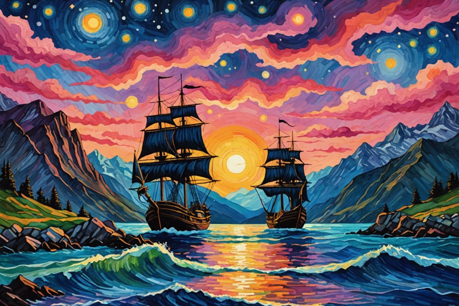 Ship on Pink Sea: Gothic Watercolor, Van Gogh Sky