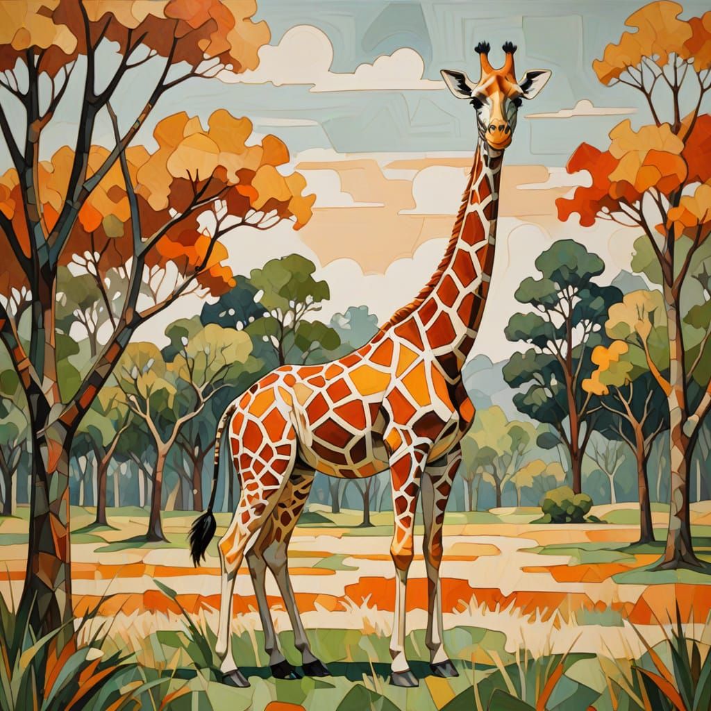 Cubist Giraffe in Grassy Field: Warm Color Palette