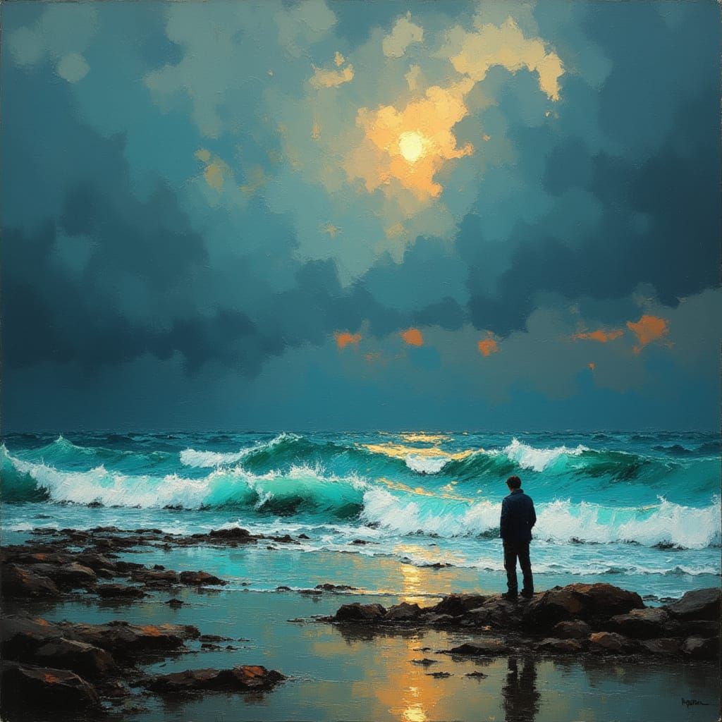 Lone Figure on Rocky Shore Under Stormy Sky