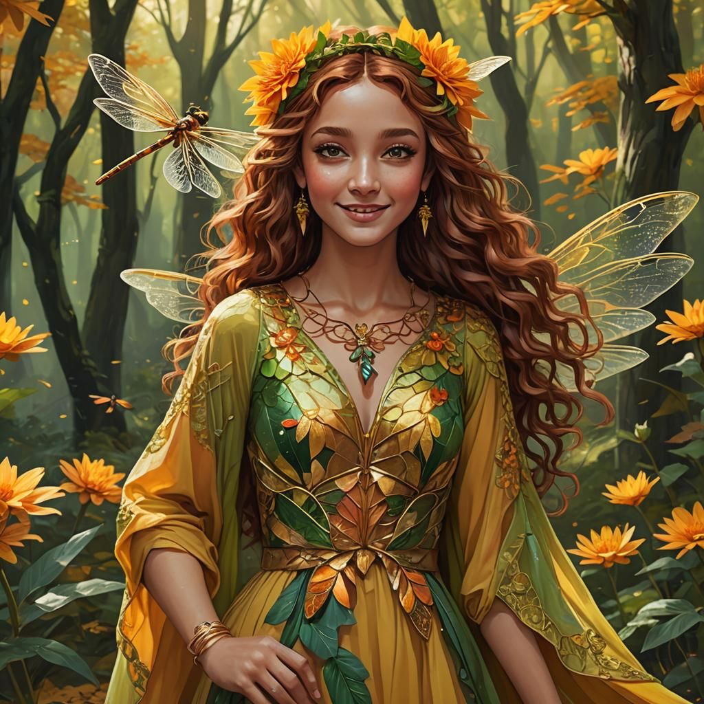 Woman with Dragonfly Wings in Autumn Forest