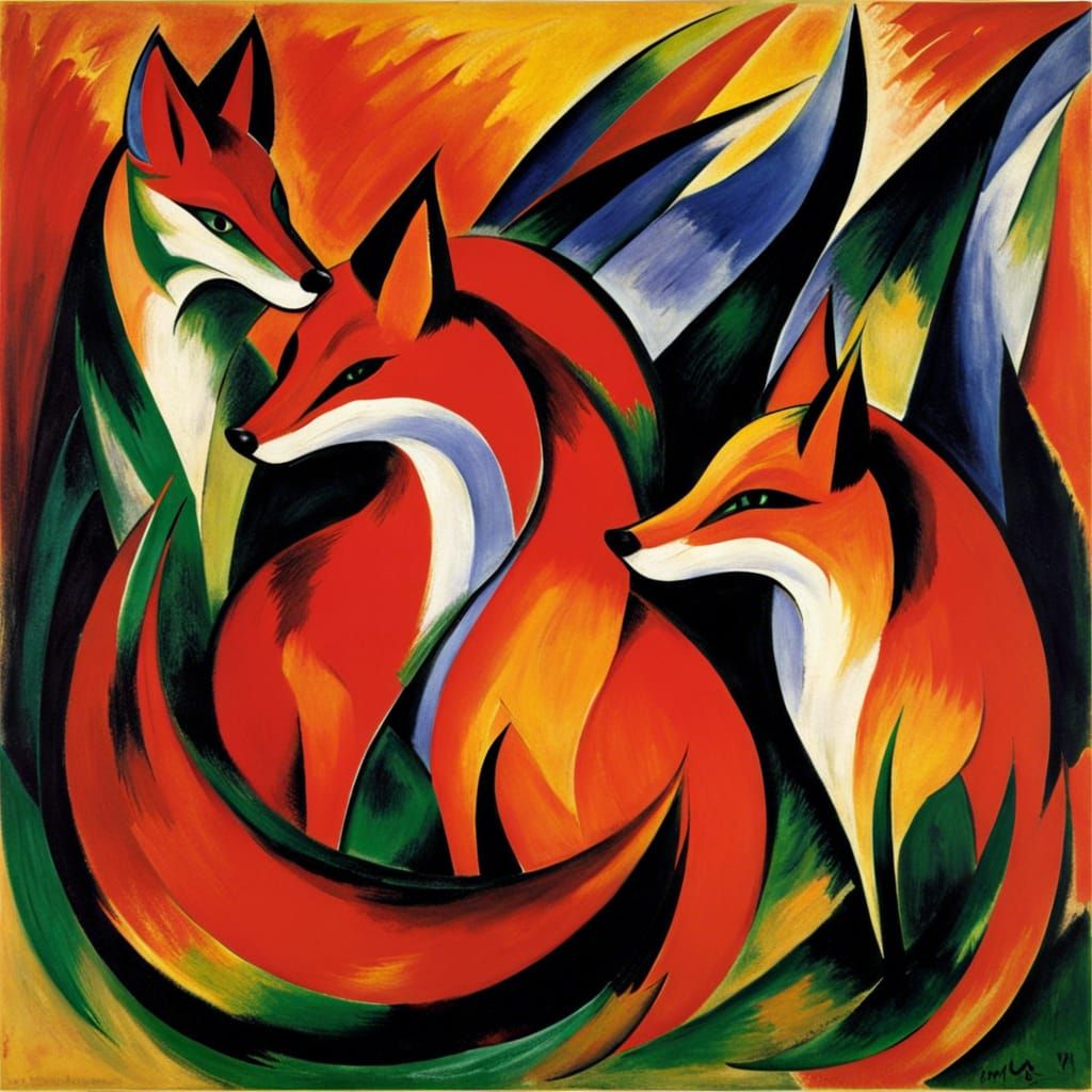 Four Foxes in Expressionist Style